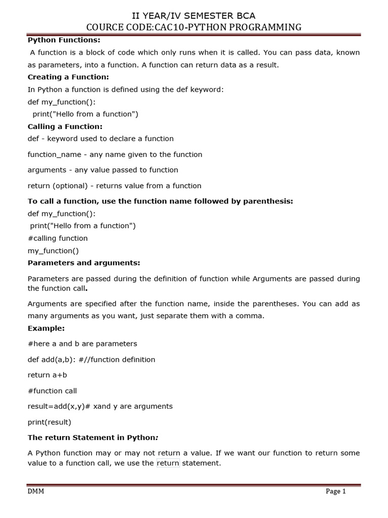 IV Bca Unit 2 Python Functions 2026 | PDF