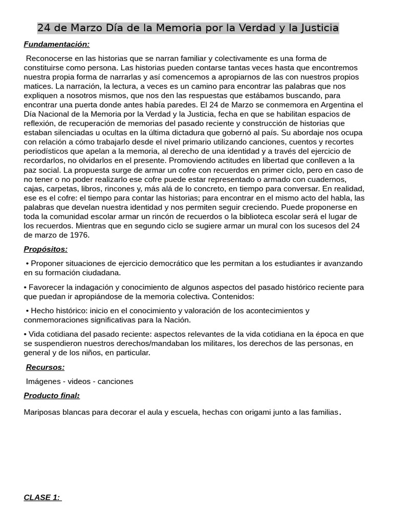 24 de Marzo Día de La Memoria Por La Verdad y La Justicia 3° A | PDF