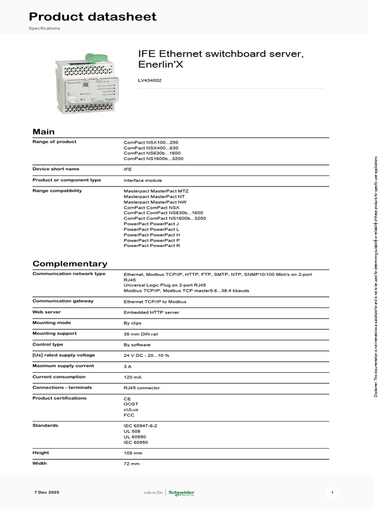 Schneider Electric EnerlinX IFE EIFE IFM LV434002 | PDF
