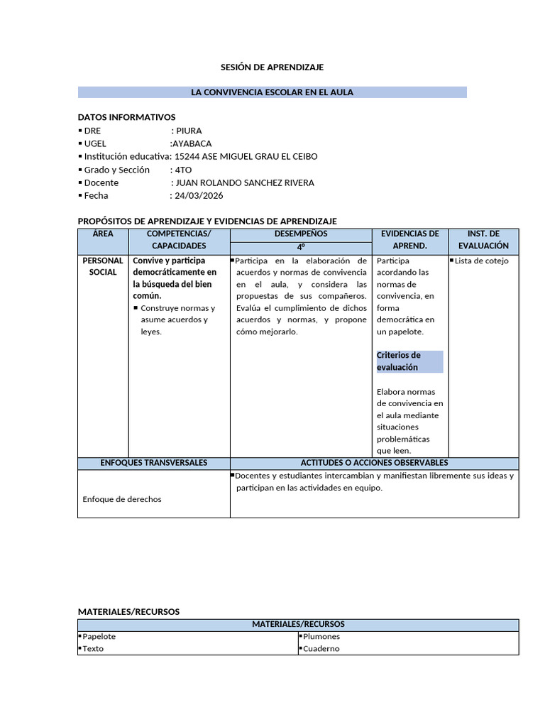 SESIÓN DE APRENDIZAJE Normas de Convivencia | PDF | Salón de clases ...