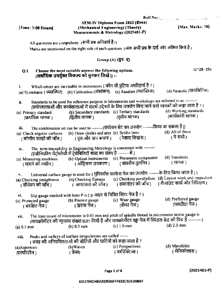Me 4 Sem Measurements and Metrology 2025401 P 2023 | PDF