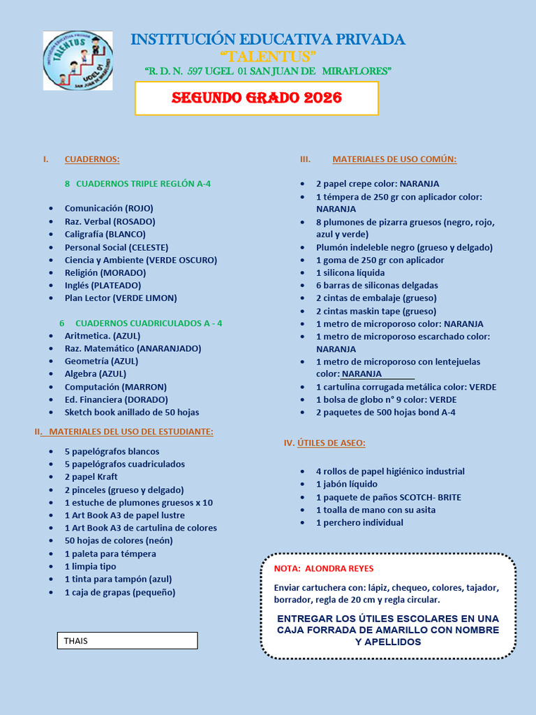 Lista de Utiles 2do Grado Thais | PDF | Arco iris | Color