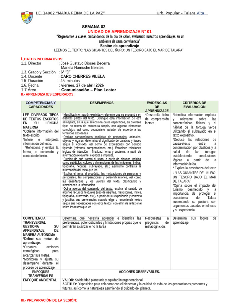 Unidad 1-Semana 2 - Sesiòn de Plan Lector - Viernes 27 Marzo | PDF ...