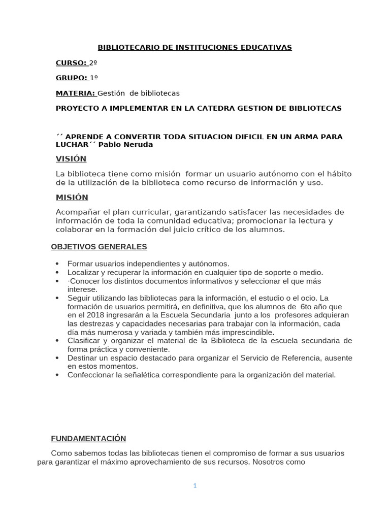 Bibliotecario de Instituciones Educativas Práctica Final 1 | PDF ...