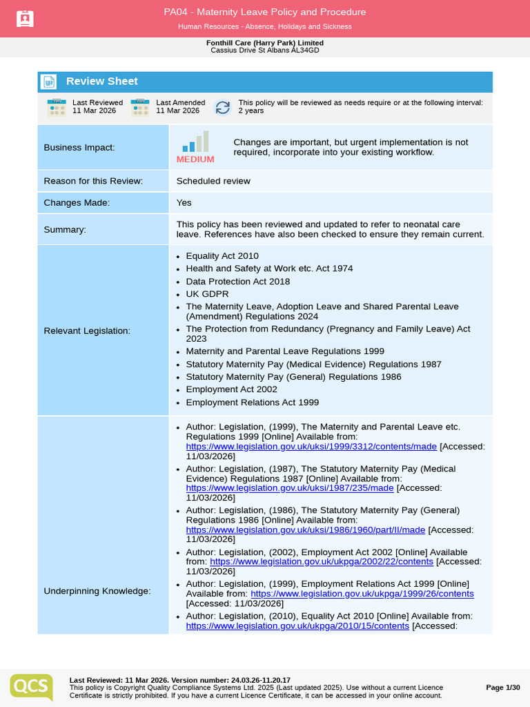 PA04 - Maternity Leave Policy and Procedure | PDF | Employment ...