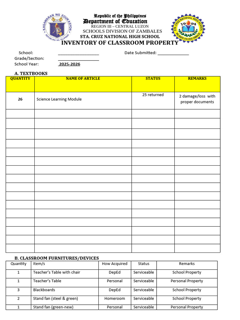 Inventory of Classroom Property Sy 2025 2026 | PDF