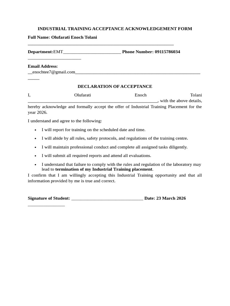 Industrial Training Acceptance Acknowledgement Form | PDF