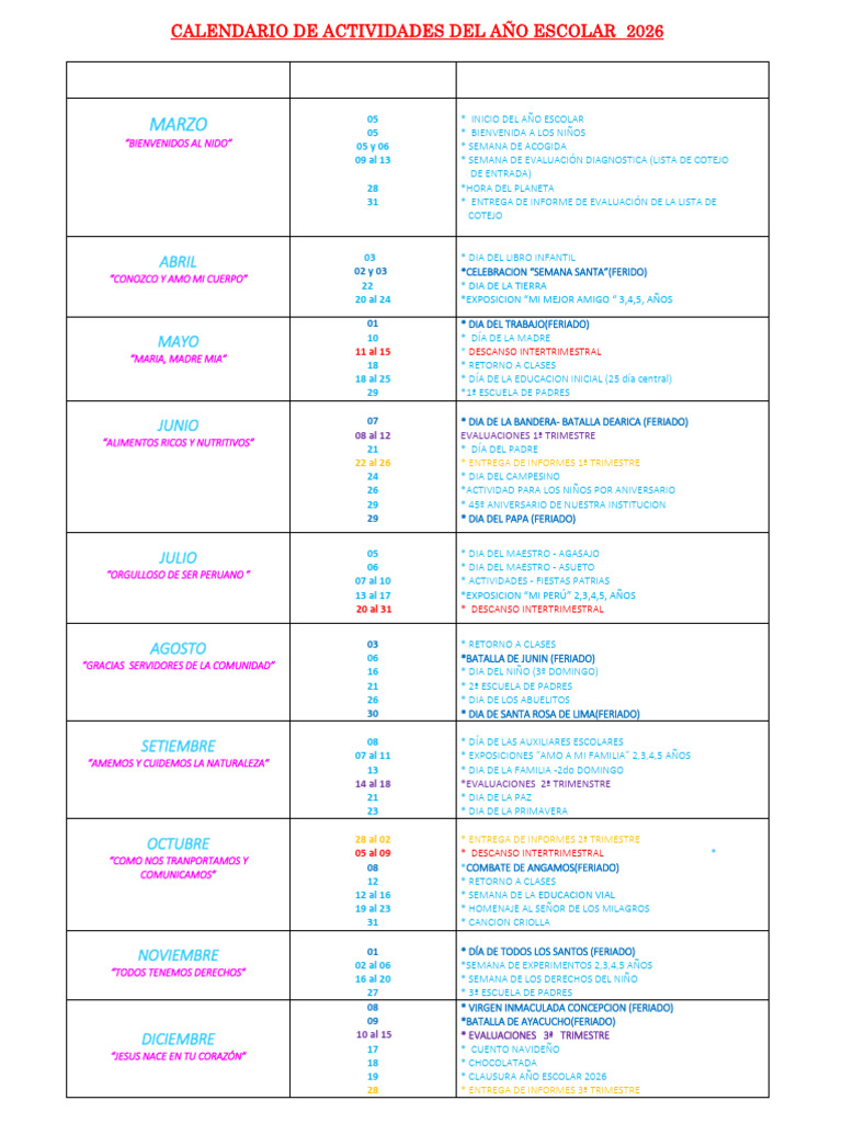 Calendario de Actividades Del Año Escolar 2026 | PDF