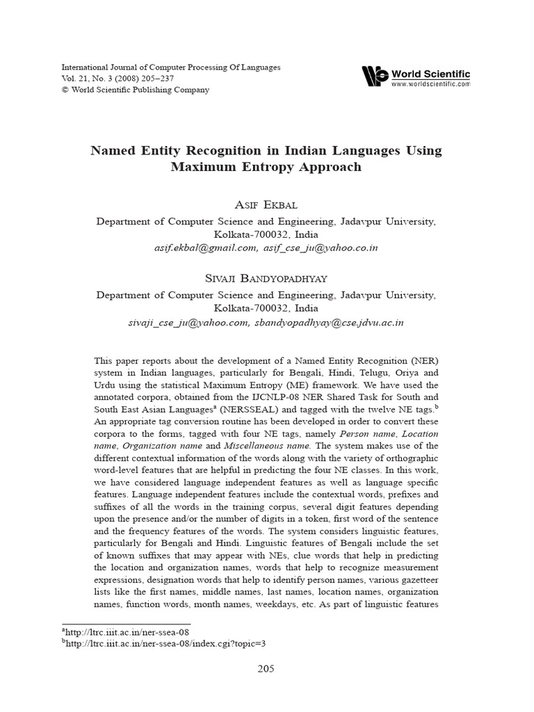 Named Entity Recognition in Indian Languages Using Maximum Entropy ...