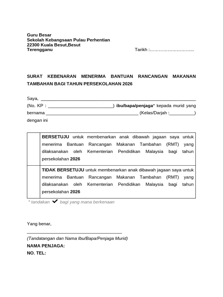 Surat Setuju Terima RMT Pss | PDF