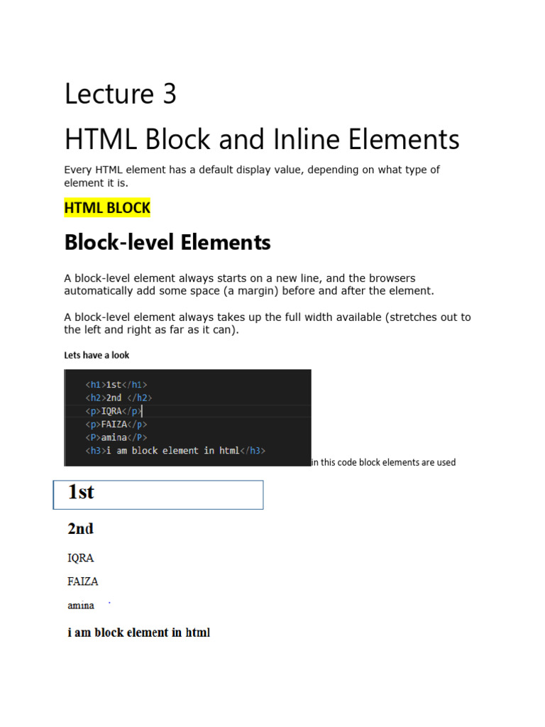 Lecture 3 Inine and Block | PDF | Html Element | Web Development