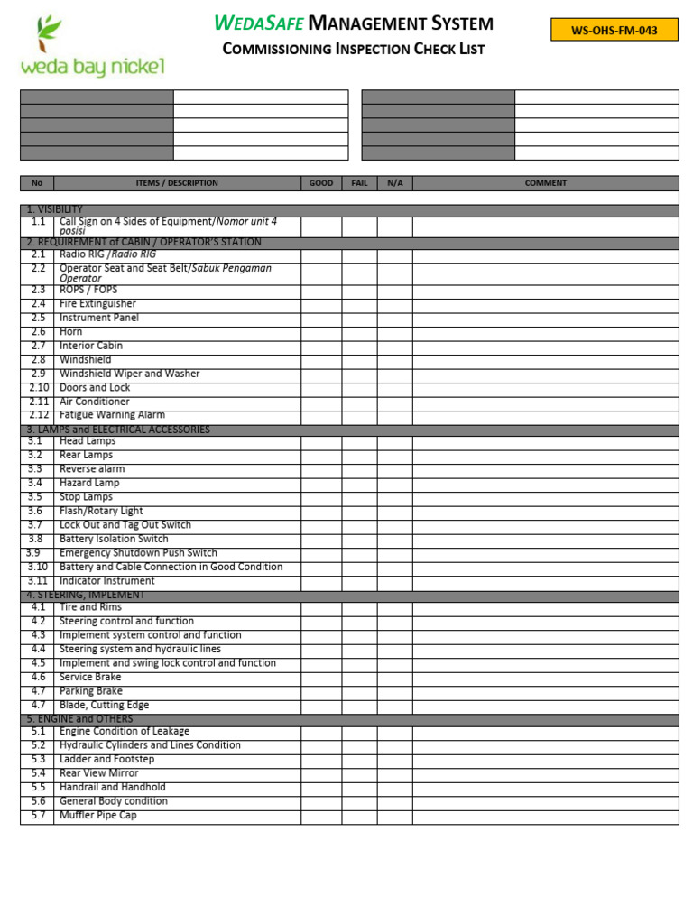 Commissioning Form - Grader | PDF | Motor Vehicle | Vehicles
