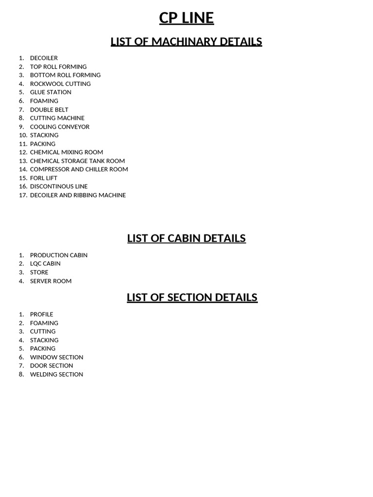 CP Line Machinary Details | PDF