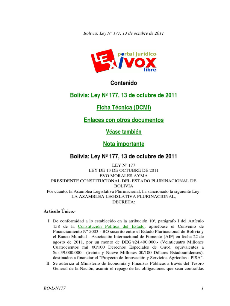 Ley 177 Pisa | PDF | Bolivia | Gobierno