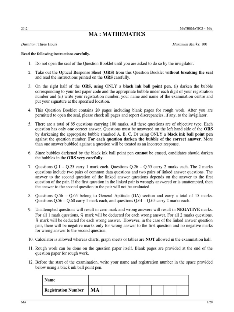 2012 MA Mathematics Exam Instructions | PDF | Teaching Methods & Materials