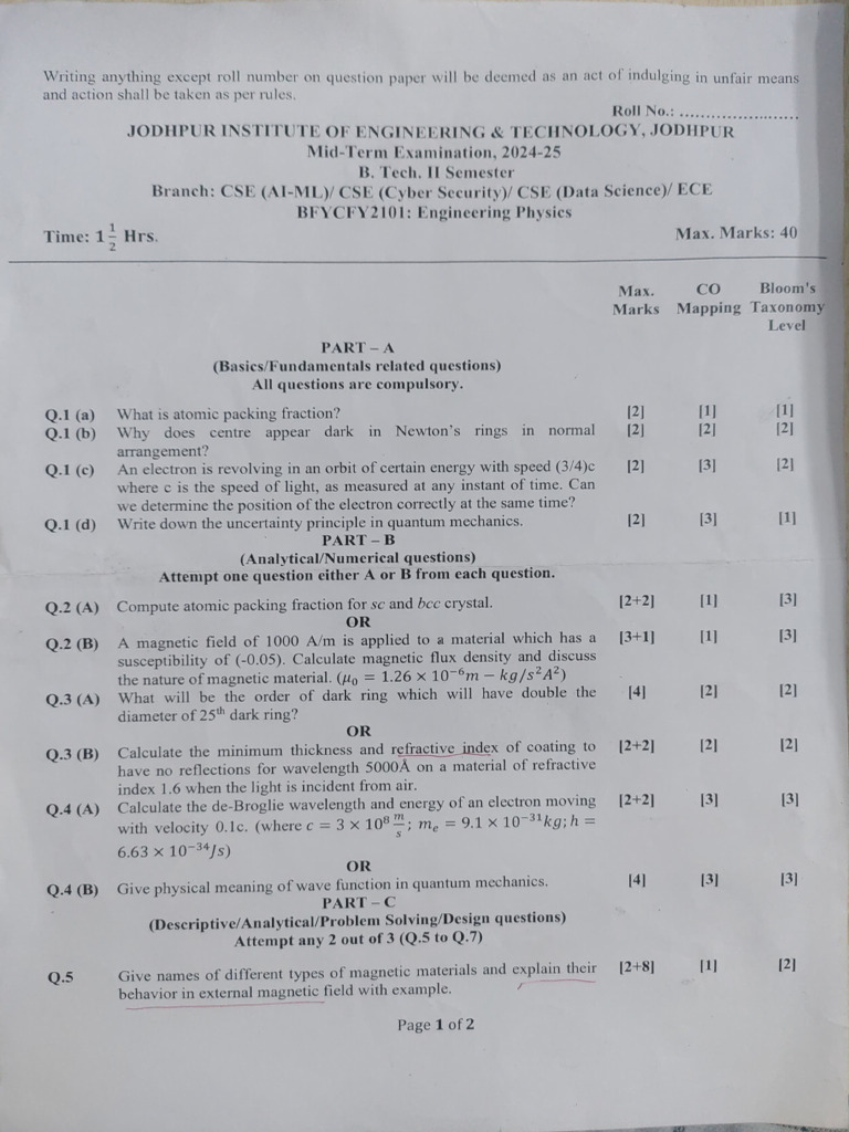 Mid Term Sample Paper | PDF | Refraction | Optics