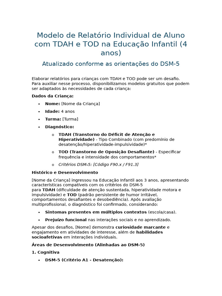 Modelo de Relatório Individual de Aluno Com TDAH e TOD Na Educação ...