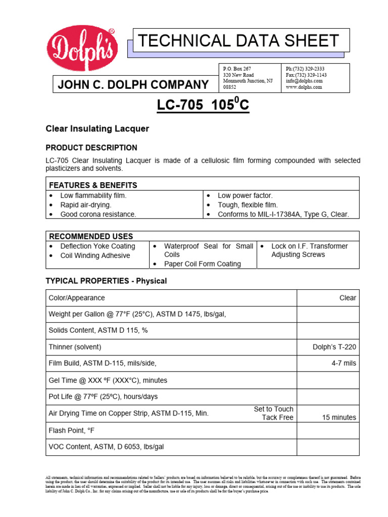 LC-705 Lacquer - TDS | PDF | Materials | Chemical Substances