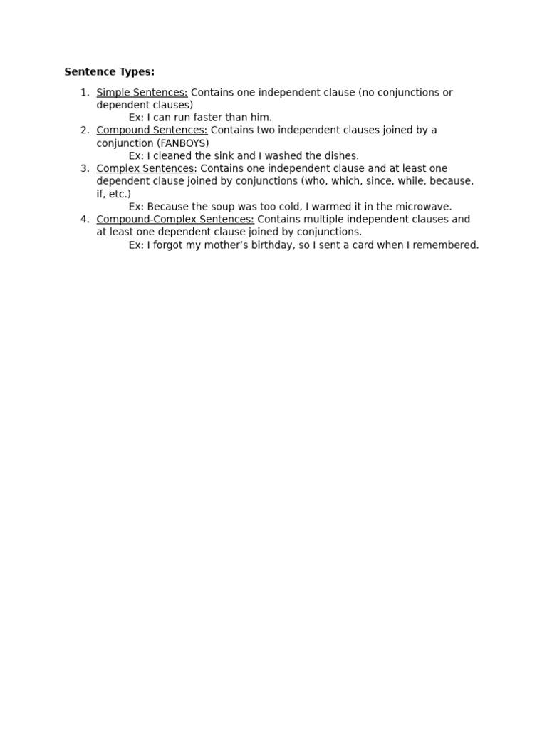 LCI Sentence Types (Simple, Compound, Complex, Compound-Complex) | PDF