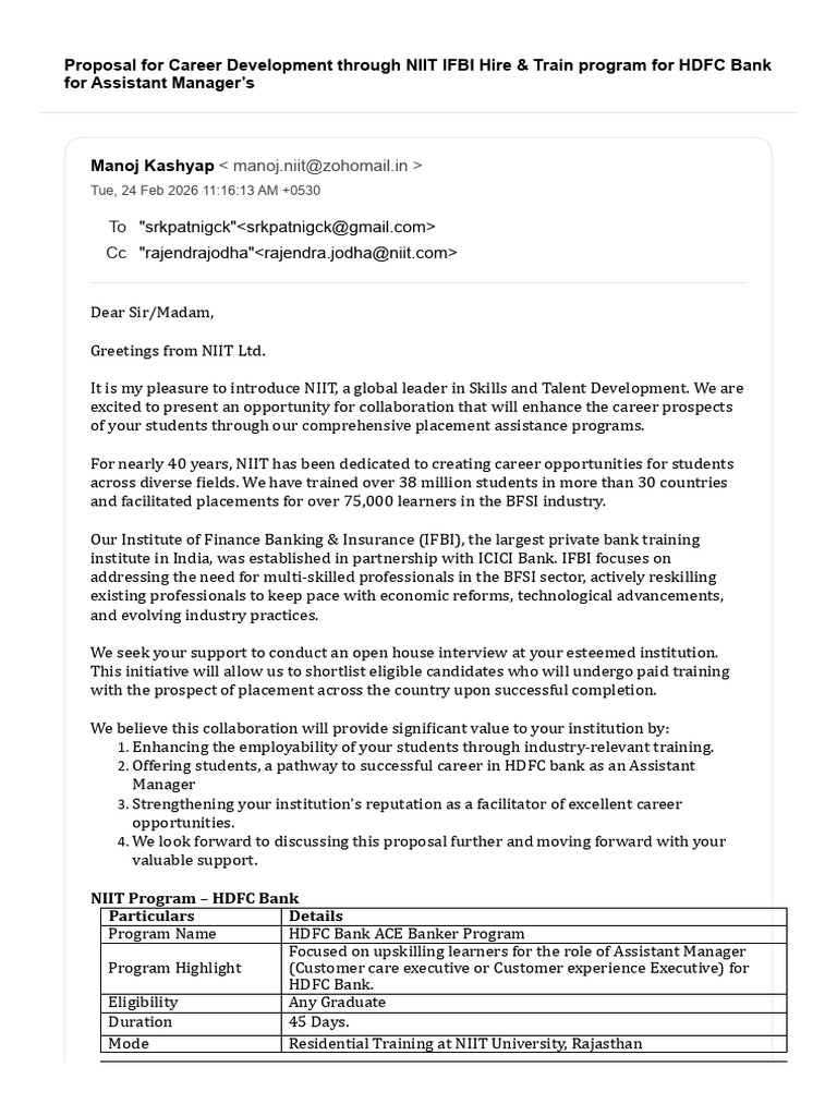 Proposal For Career Development Through NIIT IFBI Hire & Train Program ...