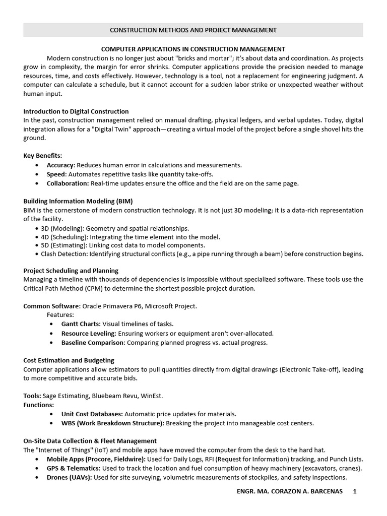 Lec Notes Computer Applications in Construction Management | PDF ...