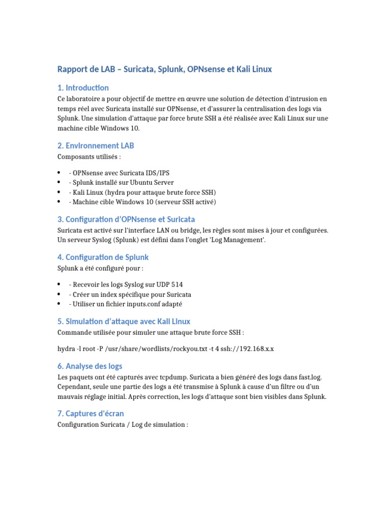 Rapport LAB Suricata Splunk OPNsense Kali | PDF