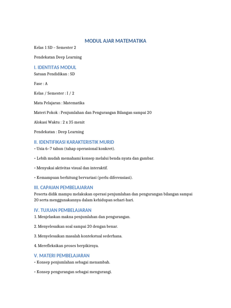 Modul Ajar Matematika Kelas 1 Deep Learning | PDF