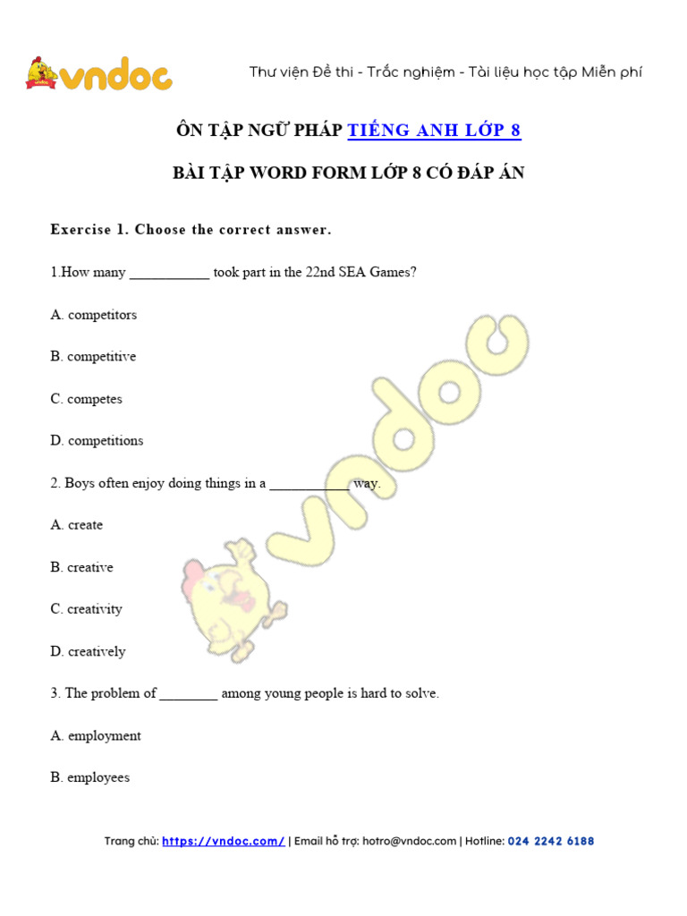 Bai Tap Word Form Lop 8 Co Dap An | PDF