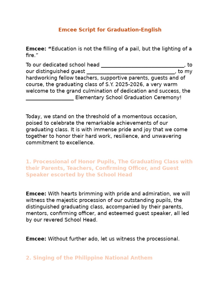 Emcee Script For Graduation Grade 6 English. 2026 | PDF