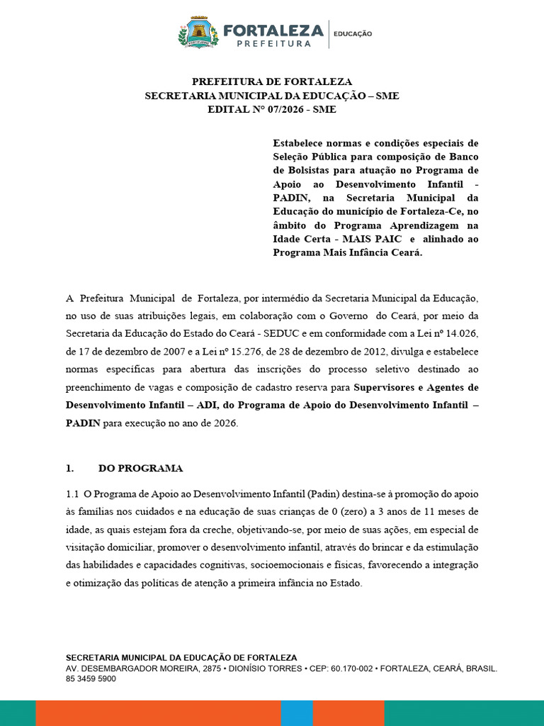 Edital N º 07.2026 de Seleção Do Padin - 2026 | PDF