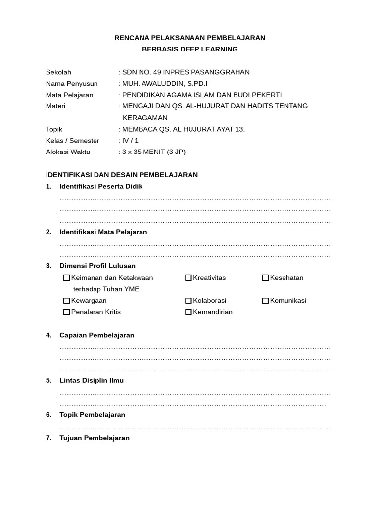 Fomat RPP Deep Learning | PDF