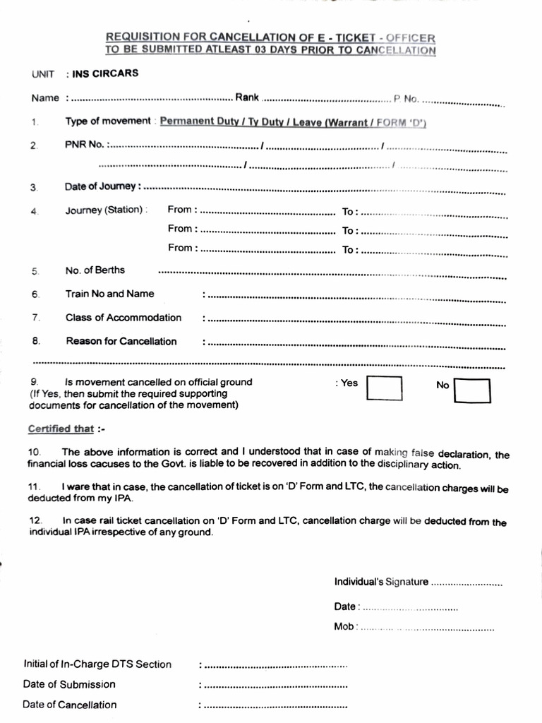 Ticket Cancellation Form | PDF