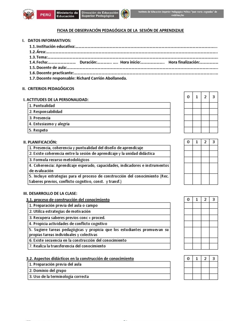 Ficha De ObservaciÓn PedagÓgica De La SesiÓn De Aprendizaje