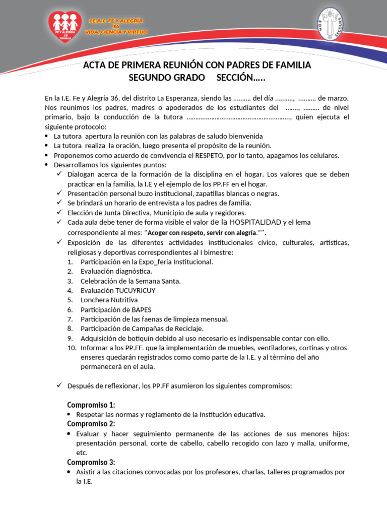 Acta de Primera Reunión Con Padres de Familia 2026 | PDF