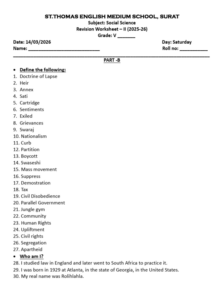 SA 2 Worksheet - 2 STD 5 Social Science - Niti | PDF | Mahatma Gandhi ...