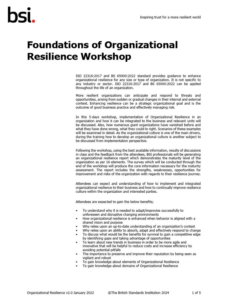 Foundations of Organizational Resilience Training Course Outline v2.0 ...