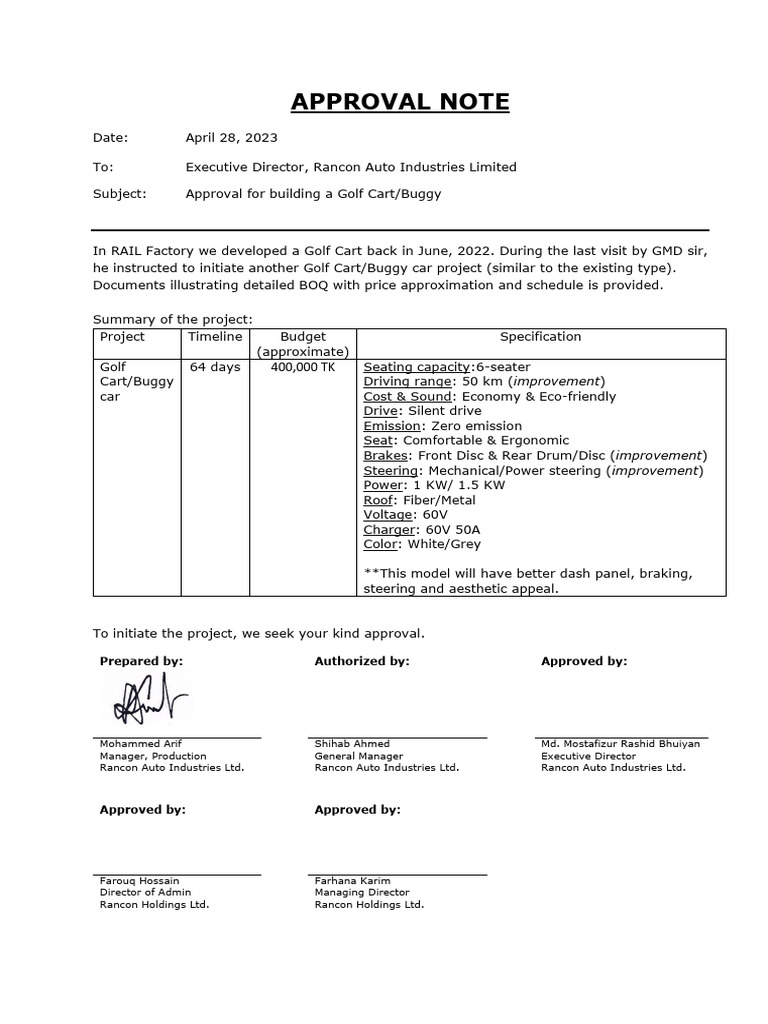 Approval Note For Golf Cart Updated | PDF