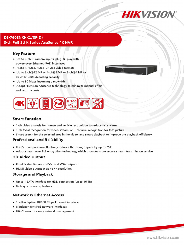 Ficha Técnica DS-7608NXI-K1 - 8PD | PDF | Hdmi | Video