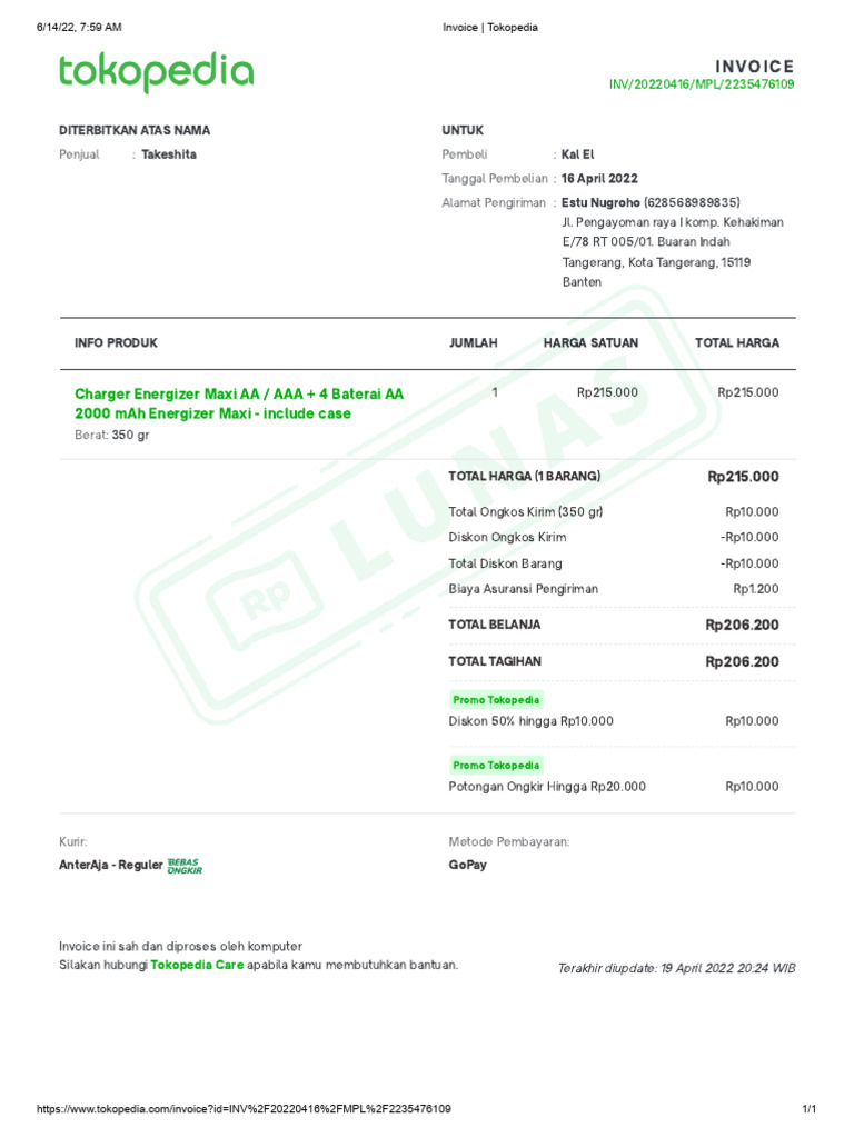 Invoice - Baterai I | PDF
