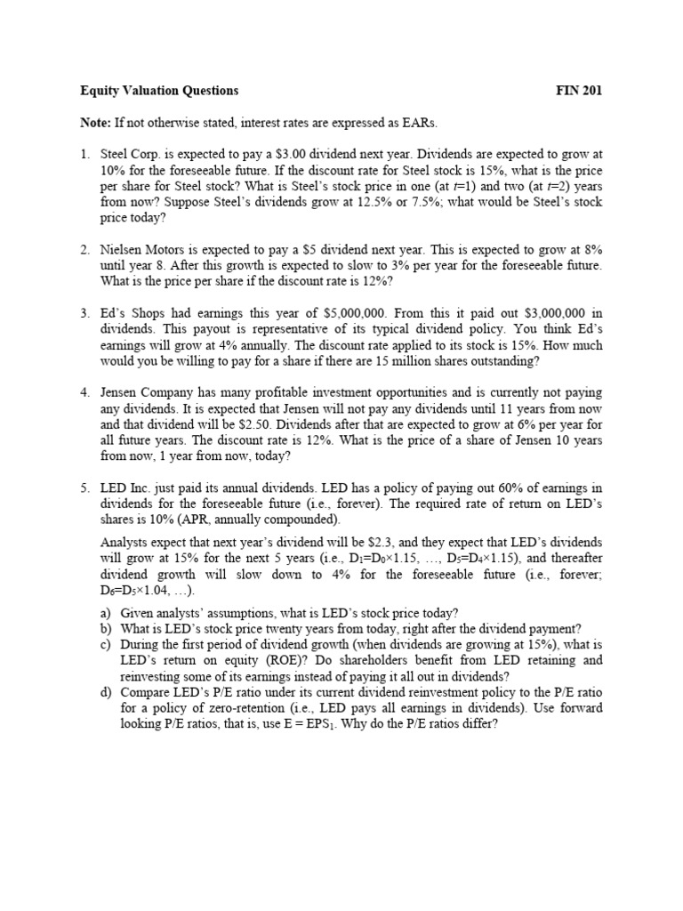 Lec 4, Equity Valuation Questions | PDF | Dividend | Stock Valuation