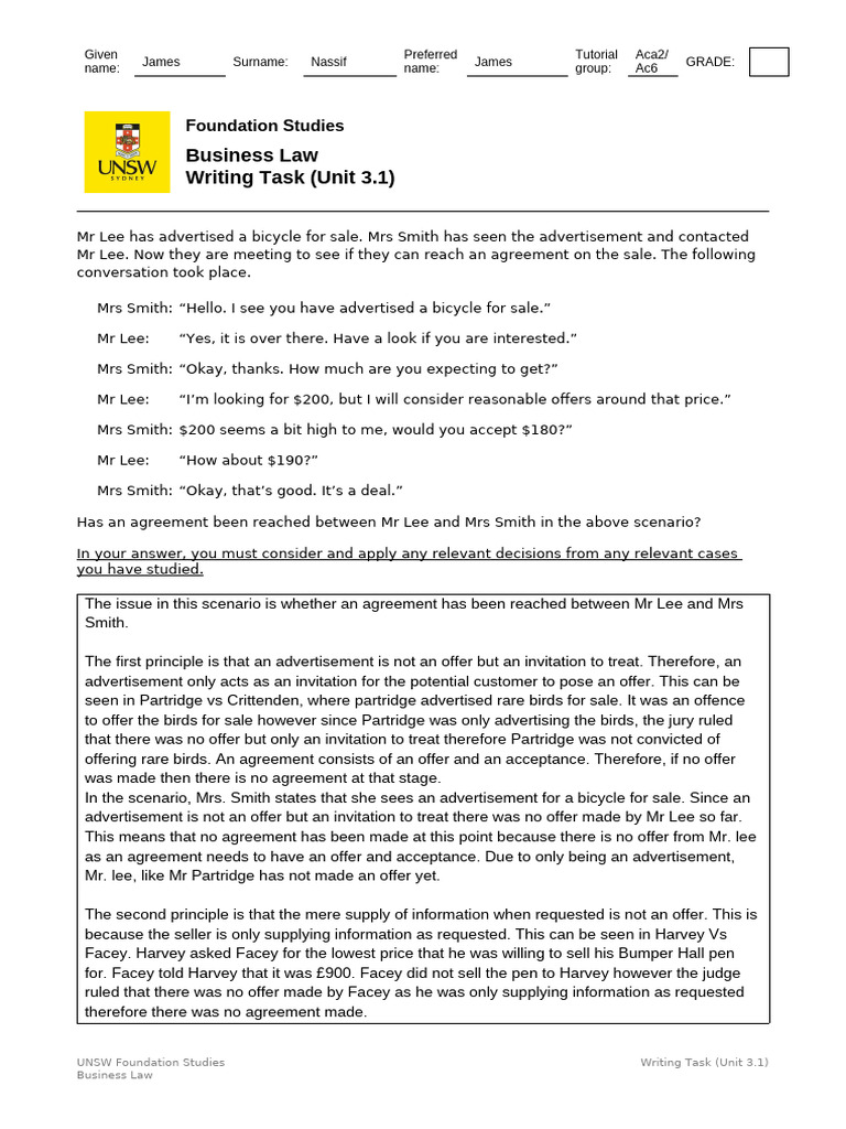 BL Writing Task Unit3.1 Contract Agreement | PDF | Offer And Acceptance ...