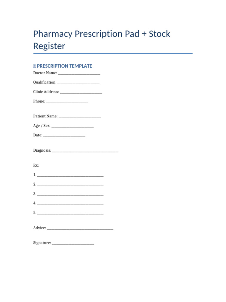 Prescription Stock Register | PDF | Medical Prescription | Health Care