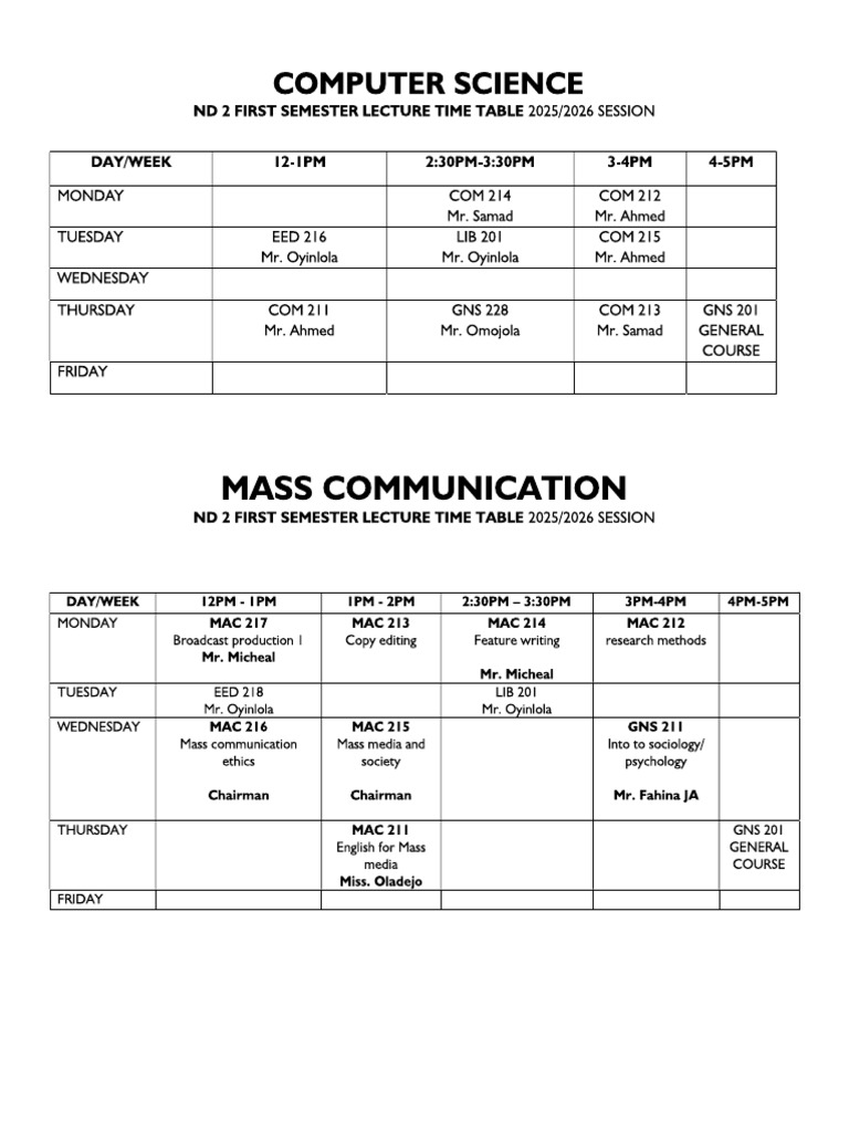 ReUpdated TIme Table ND 2 | PDF