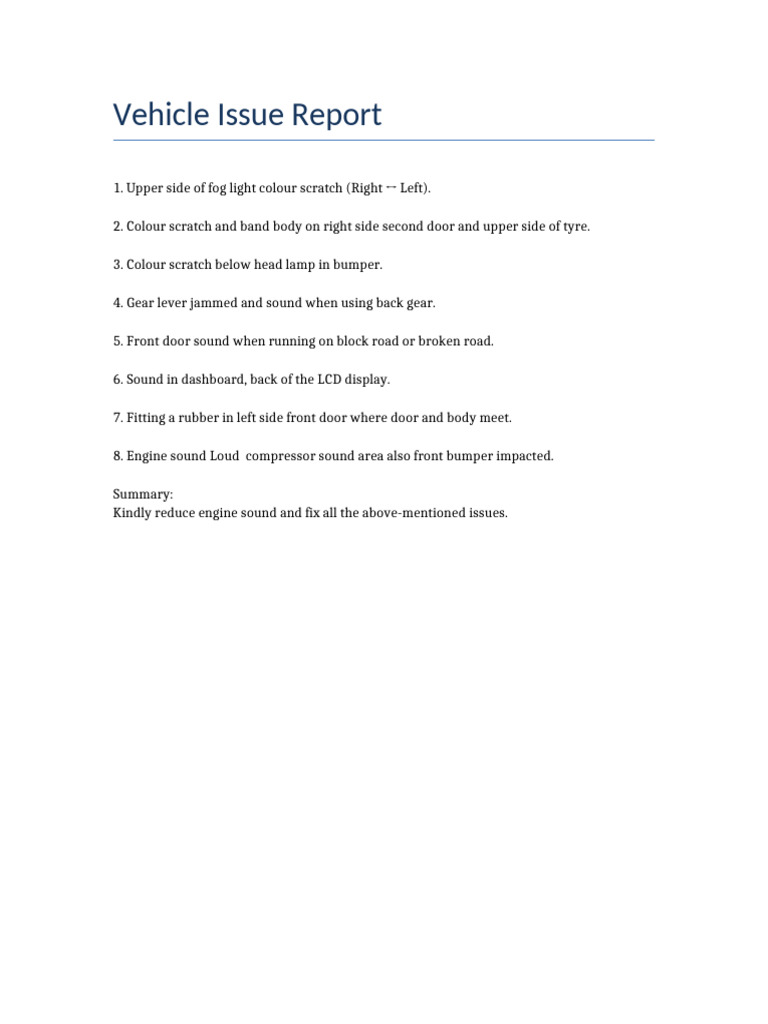 Vehicle Issue Report | PDF