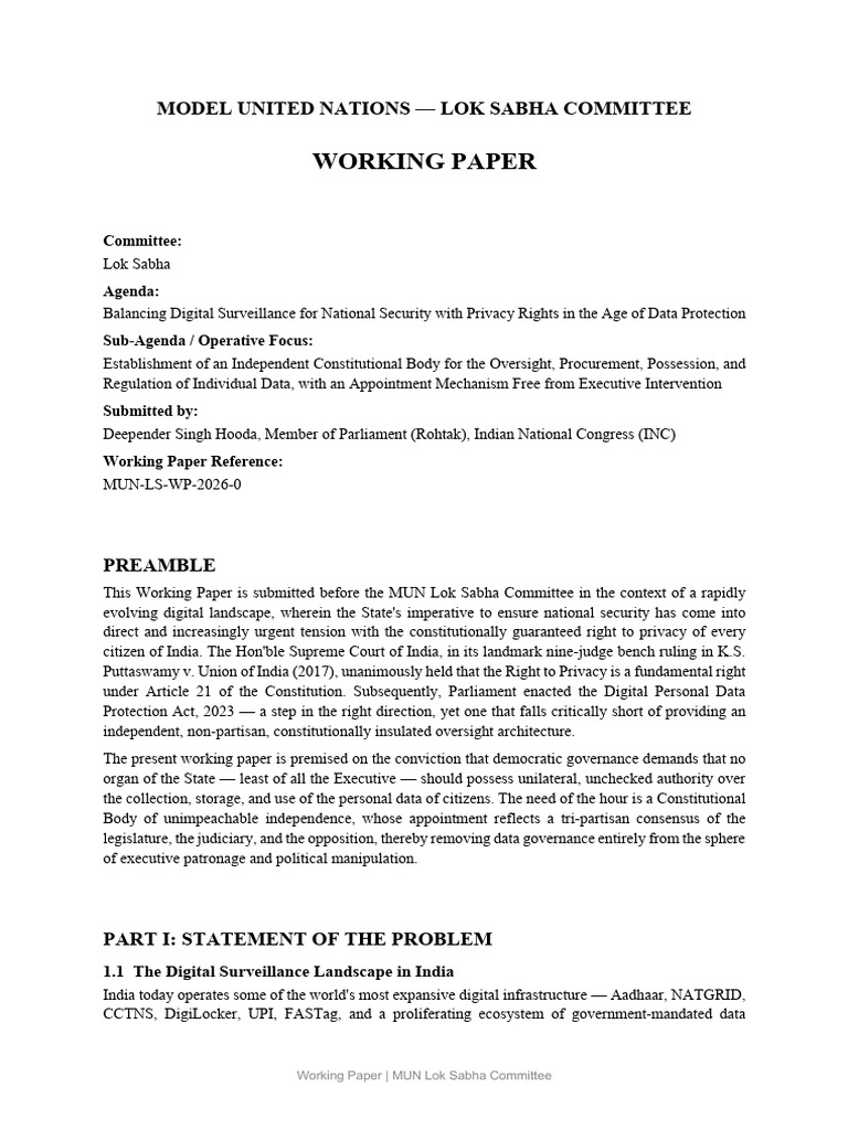 Working Paper MUN Lok Sabha Deepender Singh Hooda | PDF | Public Law ...