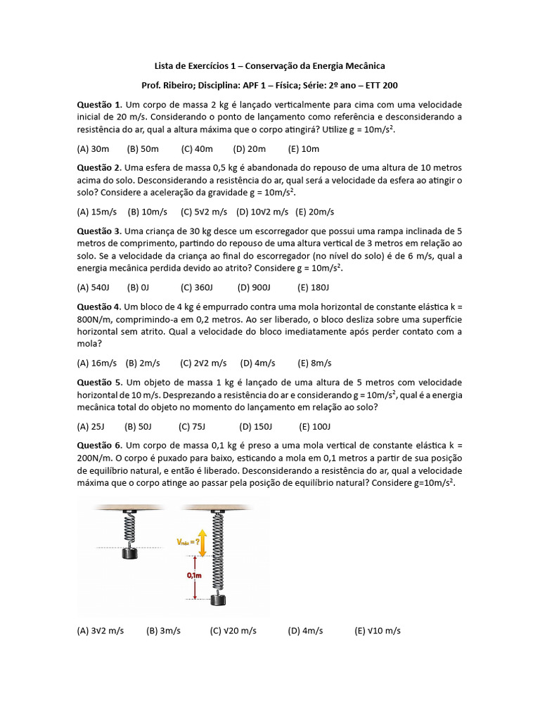 Lista de Exercícios 1 - Conservação Da Energia Mecânica | PDF | Atrito ...