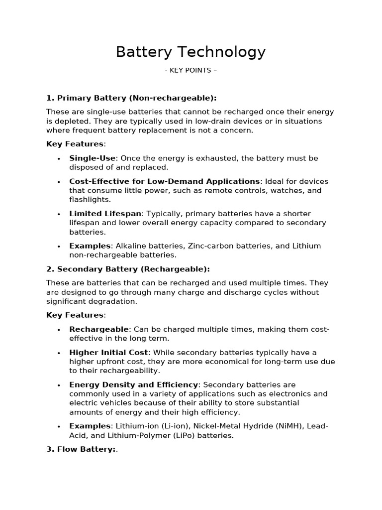 Battery Technology (Notes) | PDF