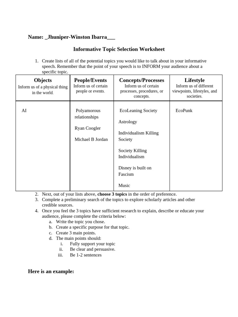 Informative Topic Worksheet | PDF