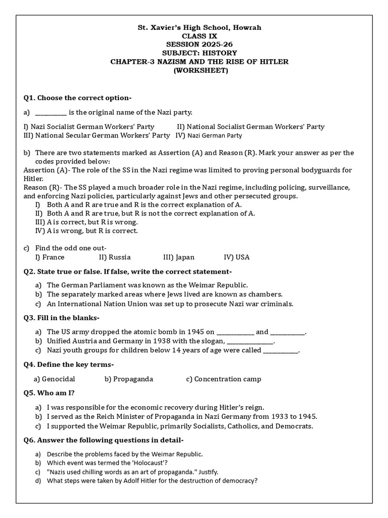 Class 9 History Chapter 3 Worksheet | PDF | Nazi Germany | Nazism