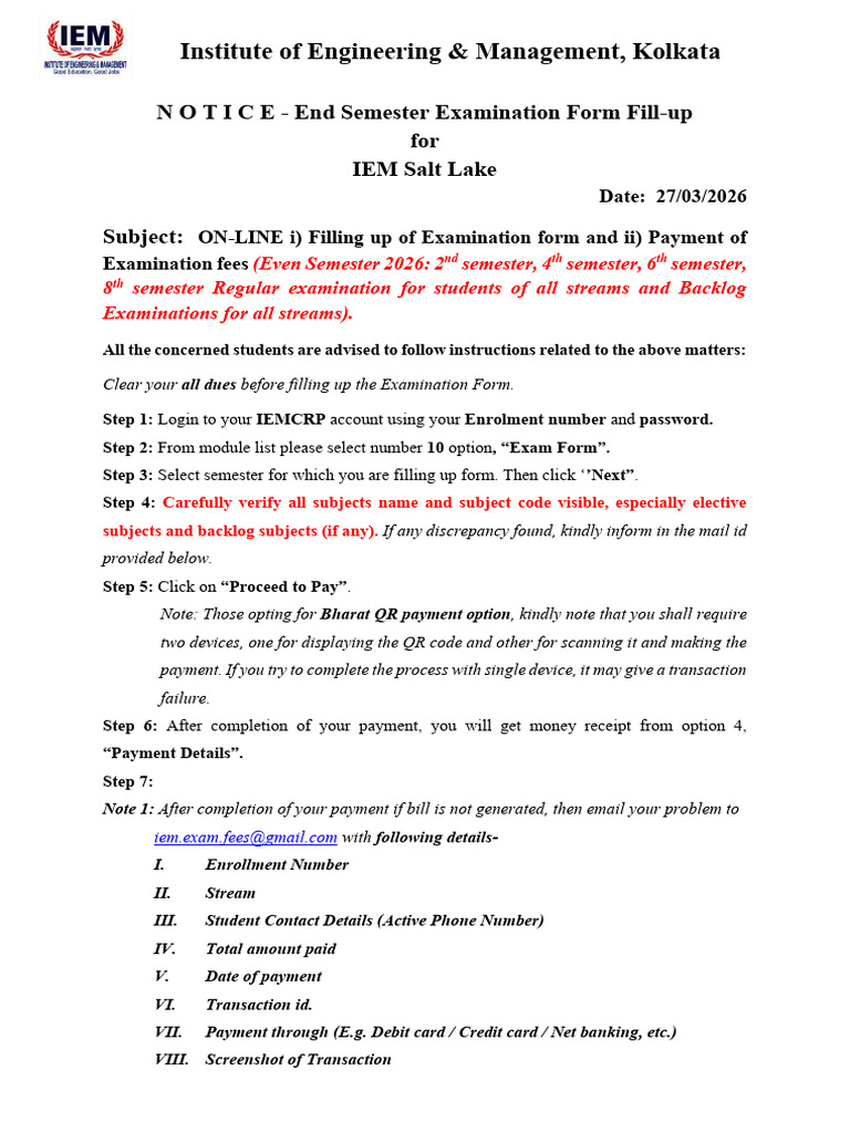 Notice Examination Form Fill Up Even Sem 2026 - IEM Salt Lake | PDF